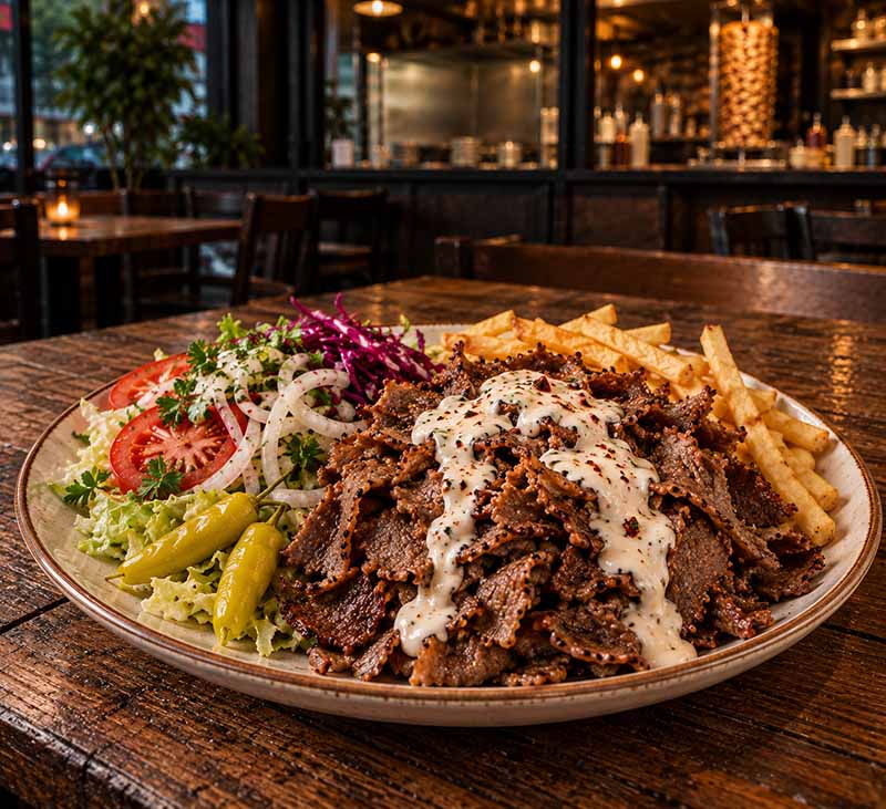 Kebabtallrik med pommes och sallad
